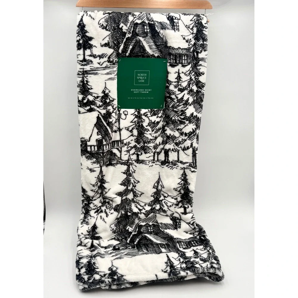 North Spruce Lane‎ Oversized Soft Throw Blanket Black White Cabin Tre